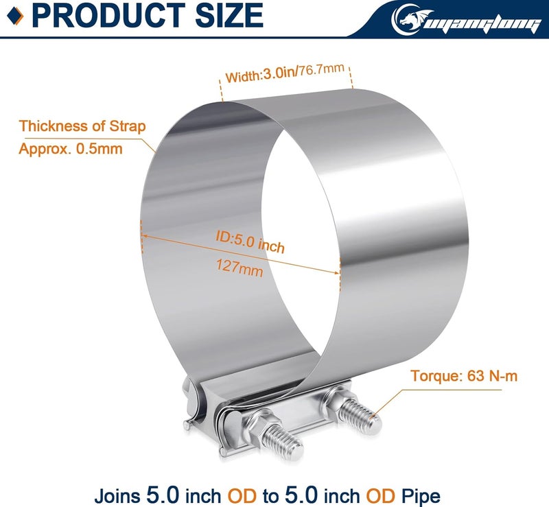 ouyanglong 5.0 Inch Exhaust Clamp, Butt Joint Band Clamp Stainless Steel Sleeve Coupler for Pipes,Mufflers,Catalytic Converters - 2 Pack - Image 2